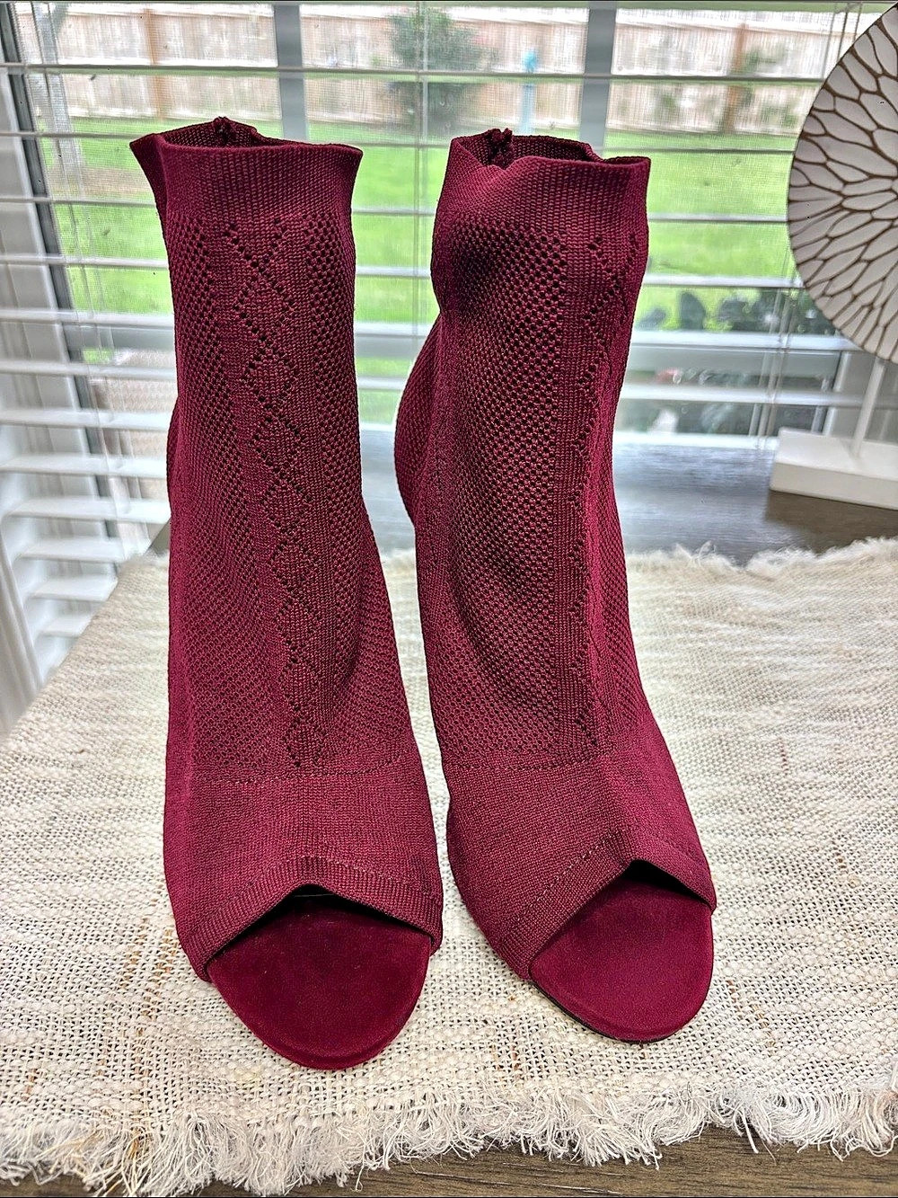 Burgundy Knit Peep Toe Heeled Boots Like New size 7.5